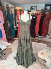Load image into Gallery viewer, Preorder aprox 6-8 week satin matte olive rosette dress no floral  and sleeveless