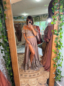 Ready to ship hand dyed lace two piece dress tan brown