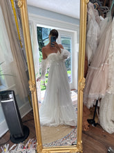 Load image into Gallery viewer, One of a kind white Opaline chiffon and lace dress fits small to large ready to ship- front bodice ruffle can be shortened if you wish