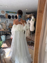 Load image into Gallery viewer, One of a kind white Opaline chiffon and lace dress fits small to large ready to ship- front bodice ruffle can be shortened if you wish