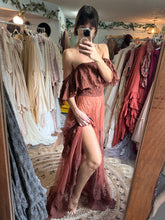 Load image into Gallery viewer, Ready to ship  sheer rust dress with golden slip maternity friendly reclamation on sale