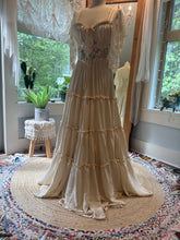 Load image into Gallery viewer, Preorder allow 6-8 week The new Rosette Dress in ivory soft matte satin with roses pink embroidered embellishments