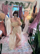 Load image into Gallery viewer, Retired style Wonderland two piece reclamation dress in beaded gold ready to ship on sale