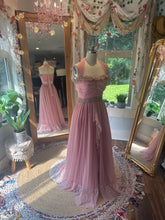 Load image into Gallery viewer, One of a kind hand dyed pink love bird dress with antique lace trims