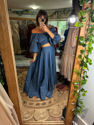 Denim two piece dress with music top ready to ship