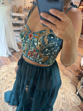 Load image into Gallery viewer, Ready to ship embroidery top - teal green crinkle poetry top and tier skirt