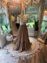 Load image into Gallery viewer, Ready to ship on sale two piece embroidered oh my top and tan brown ruffle skirt linen cotton
