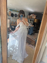 Load image into Gallery viewer, One of a kind Beachy Goddess off white dress with lace - open front style with padding in bust sale ready to ship