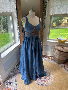Ready to ship denim corset dress fitting larger busts with embroidery embellishments sale