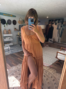 Ready to ship mustard tan dress sleeveless backless