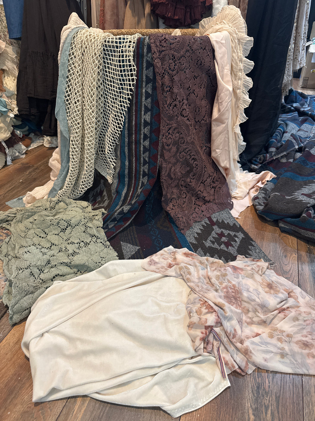 ) (Package I) ready to ship Box of fabric remnants perfect for baby layering (photo prop)