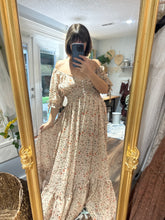 Load image into Gallery viewer, Ready to ship prairie hearts in beige rust floral crinkle dress