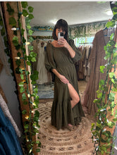 Load image into Gallery viewer, Ready to ship ruffle me right up moss green cotton maxi length