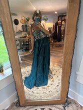 Load image into Gallery viewer, Ready to ship embroidery top - teal green crinkle poetry top and tier skirt