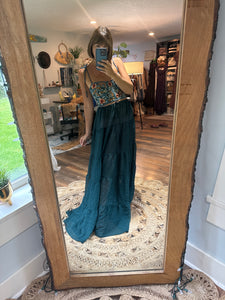 Ready to ship embroidery top - teal green crinkle poetry top and tier skirt