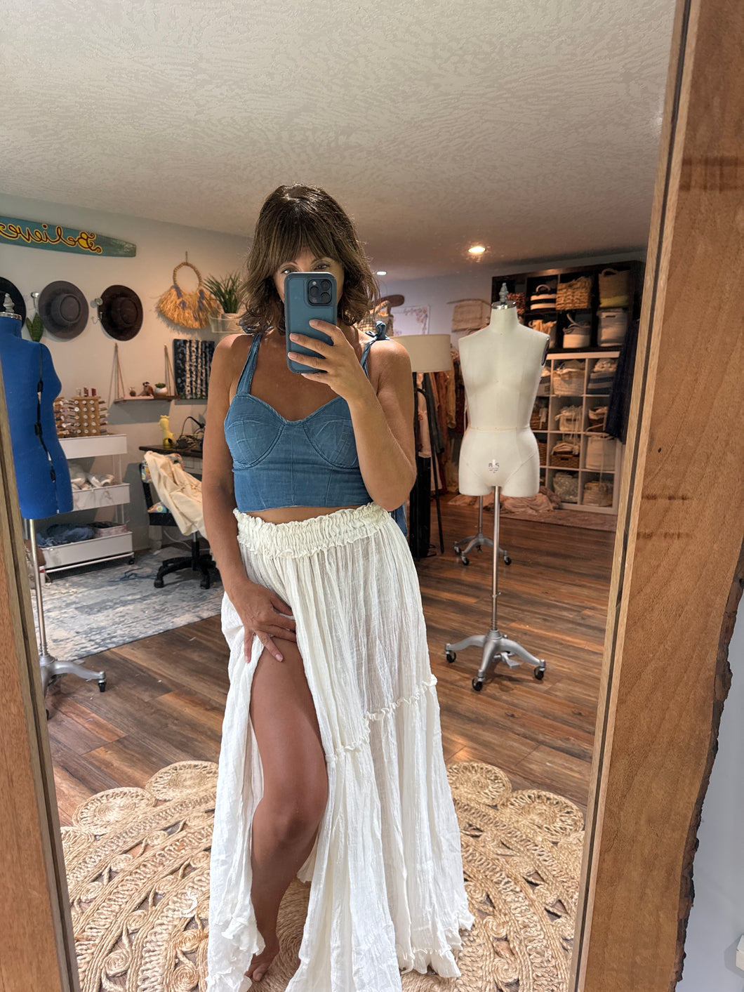 RESERVED FOR E -Ready to ship denim bustier and ivory skirt