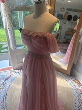 Load image into Gallery viewer, One of a kind hand dyed pink love bird dress with antique lace trims