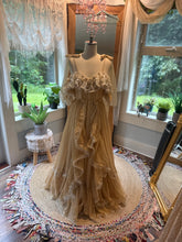 Load image into Gallery viewer, Ready to ship New style Opaline Dress with mini puff sleeves and embroidered ruffle (sand color)