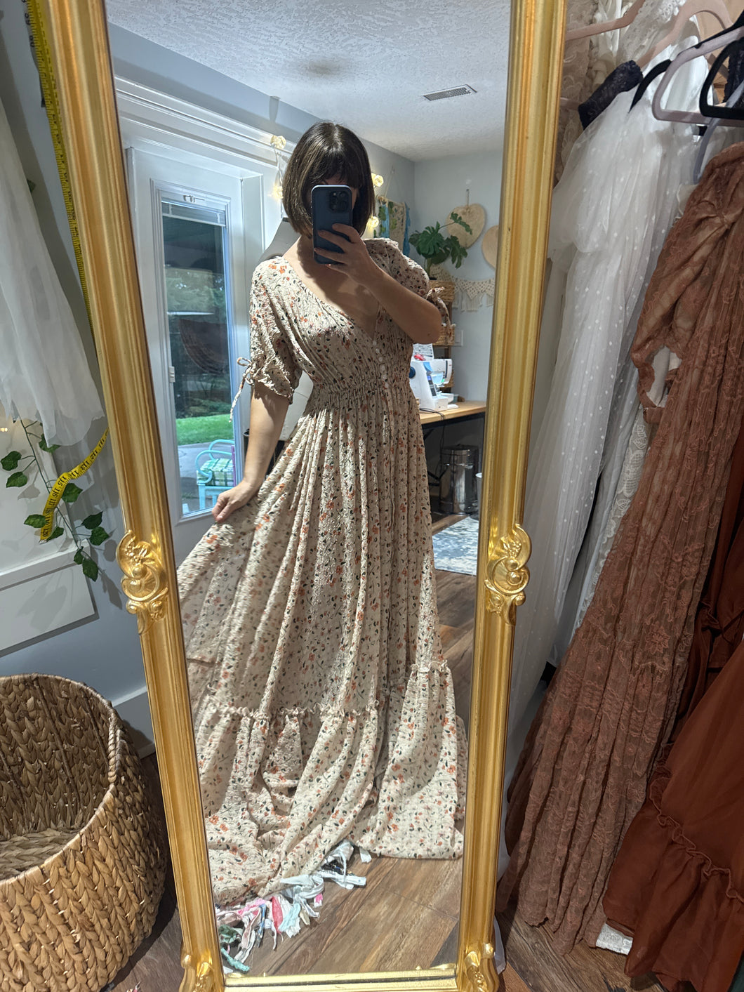 Ready to ship prairie hearts in beige rust floral crinkle dress