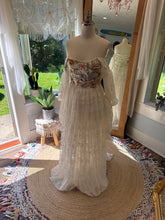 Load image into Gallery viewer, Sale-Ready to ship one of a kind lace with floral embellishments lined in chiffon dress xs-large adjustable