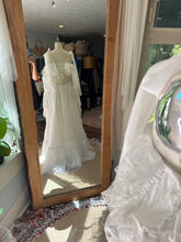 Load image into Gallery viewer, One of a kind white Opaline chiffon and lace dress fits small to large ready to ship- front bodice ruffle can be shortened if you wish