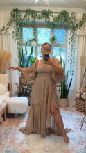 Load image into Gallery viewer, Black Friday Sale Ready to ship Glory dress in tan brown linen cotton and chiffon maternity friendly