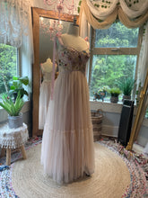 Load image into Gallery viewer, Ready to ship sale two dress deal Sonoma brown hand dye with hey babe with floral embellishments hand dyed blush