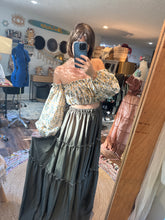 Load image into Gallery viewer, You glow girl soft silky matte satin olive two piece with embroidery top Daisy ready to ship sale