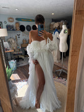 Load image into Gallery viewer, One of a kind white Opaline chiffon and lace dress fits small to large ready to ship- front bodice ruffle can be shortened if you wish