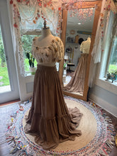 Load image into Gallery viewer, Ready to ship on sale two piece embroidered oh my top and tan brown ruffle skirt linen cotton
