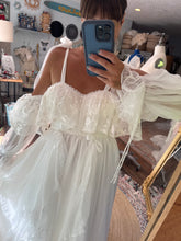 Load image into Gallery viewer, One of a kind white Opaline chiffon and lace dress fits small to large ready to ship- front bodice ruffle can be shortened if you wish