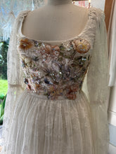 Load image into Gallery viewer, Sale-Ready to ship one of a kind lace with floral embellishments lined in chiffon dress xs-large adjustable