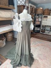 Load image into Gallery viewer, New style linen, cotton, lace chiffon mix ready to ship olive sale dress