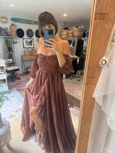 Load image into Gallery viewer, Sale Ready to ship dark brown crinkle live bird dress with puff sleeves