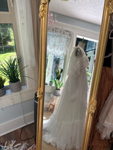 Load image into Gallery viewer, One of a kind white Opaline chiffon and lace dress fits small to large ready to ship- front bodice ruffle can be shortened if you wish