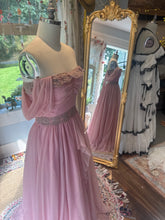 Load image into Gallery viewer, One of a kind hand dyed pink love bird dress with antique lace trims