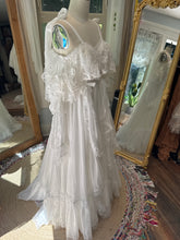 Load image into Gallery viewer, One of a kind white Opaline chiffon and lace dress fits small to large ready to ship- front bodice ruffle can be shortened if you wish