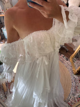 Load image into Gallery viewer, One of a kind white Opaline chiffon and lace dress fits small to large ready to ship- front bodice ruffle can be shortened if you wish