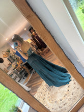 Load image into Gallery viewer, Ready to ship embroidery top - teal green crinkle poetry top and tier skirt