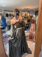 Load image into Gallery viewer, You glow girl soft silky matte satin olive two piece with embroidery top Daisy ready to ship sale