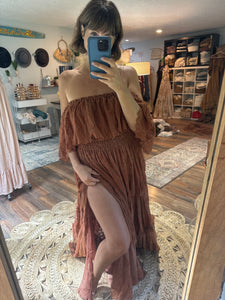Ready to ship Show Off Those Shoulders dress in brown lace