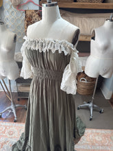 Load image into Gallery viewer, New style linen, cotton, lace chiffon mix ready to ship olive sale dress