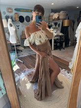 Load image into Gallery viewer, Ready to ship embroidery top and ruffle me open tan brown skirt