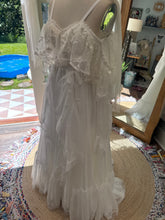 Load image into Gallery viewer, One of a kind white Opaline chiffon and lace dress fits small to large ready to ship- front bodice ruffle can be shortened if you wish