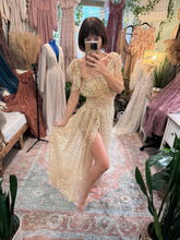 Load image into Gallery viewer, Retired style Wonderland two piece reclamation dress in beaded gold ready to ship on sale