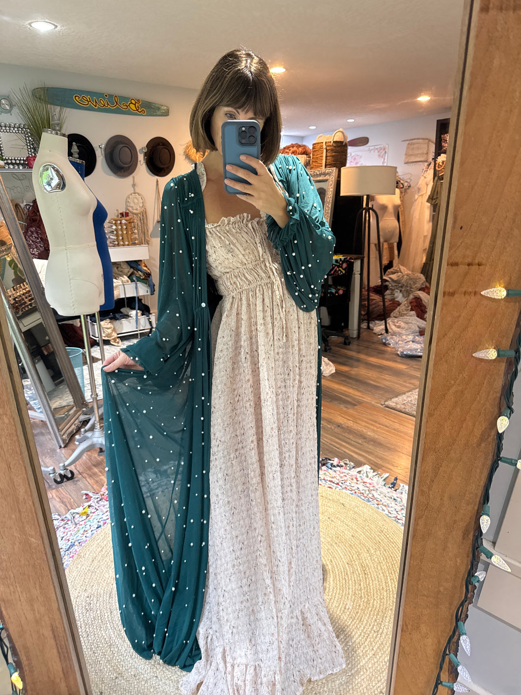 Ready to ship two dress deal teal pearl robe with always and forever floral crinkle dress