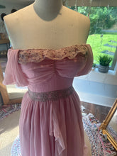 Load image into Gallery viewer, One of a kind hand dyed pink love bird dress with antique lace trims