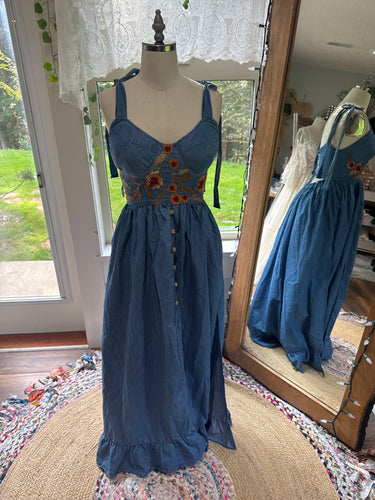 Ready to ship denim corset dress fitting larger busts with embroidery embellishments sale