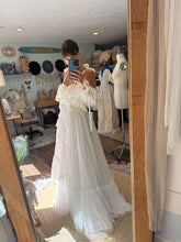 Load image into Gallery viewer, One of a kind white Opaline chiffon and lace dress fits small to large ready to ship- front bodice ruffle can be shortened if you wish