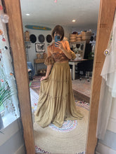 Load image into Gallery viewer, Ready to ship poetry top in print with mustard you glow girl linen cotton skirt sale